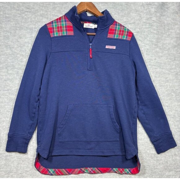 Vineyard Vines Womens S Navy Plaid Pullover Half Zip Sweatshirt Casual - Picture 1 of 6